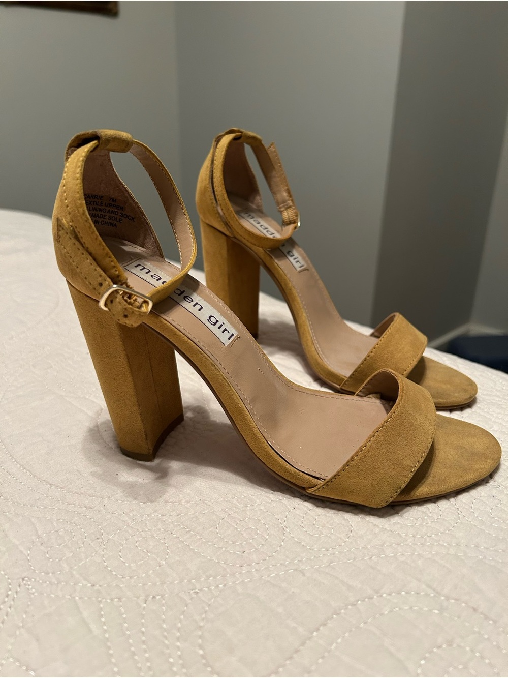Madden Girl Mustard Suede Block Heel Ankle Strap Sandals